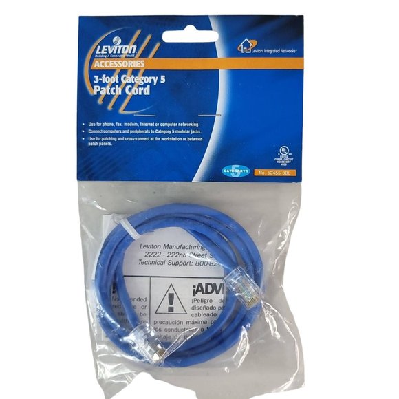 2/$15 NEW Leviton CAT 5 3-Foot Patch Cord Blue 52455-3BL Network Cable Ethernet - Picture 1 of 7